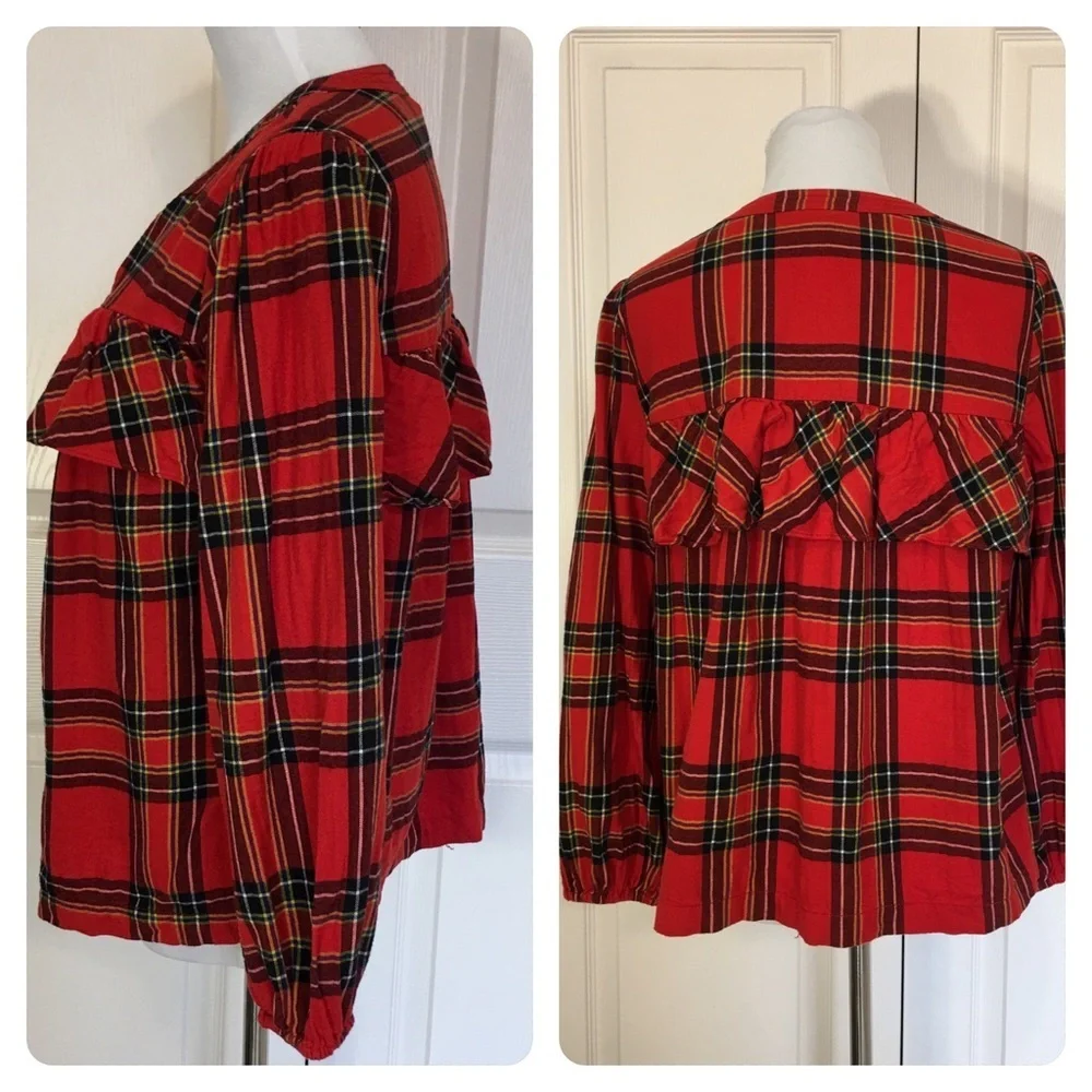 J Crew Ruffle Top  Festive Plaid Red